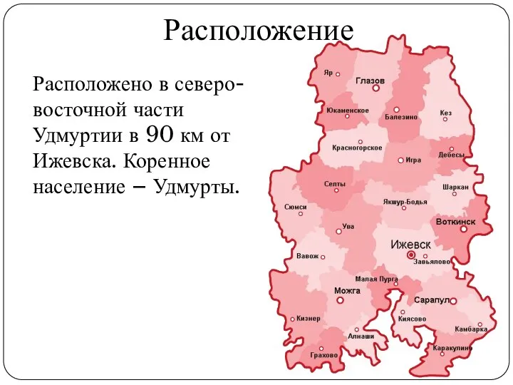 Расположено в северо-восточной части Удмуртии в 90 км от Ижевска. Коренное население – Удмурты. Расположение