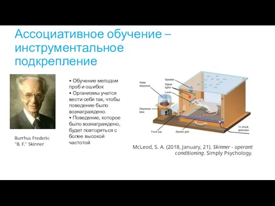 Ассоциативное обучение – инструментальное подкрепление Burrhus Frederic "B. F." Skinner • Обучение