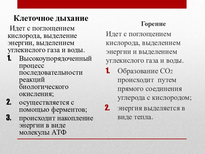 Горение Идет с поглощением кислорода, выделением энергии и выделением углекислого газа и