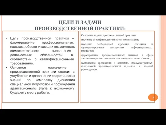 ЦЕЛИ И ЗАДАЧИ ПРОИЗВОДСТВЕННОЙ ПРАКТИКИ: Основные задачи производственной практики: изучение специфики деятельности