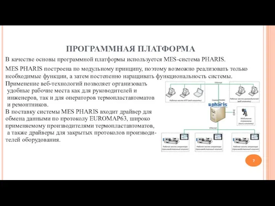 ПРОГРАММНАЯ ПЛАТФОРМА В качестве основы программной платформы используется MES-система PHARIS. MES PHARIS