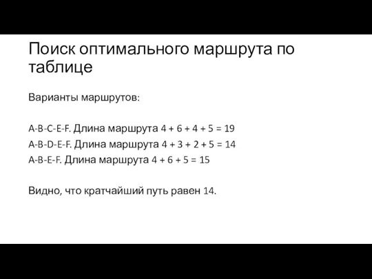 Поиск оптимального маршрута по таблице Варианты маршрутов: A-B-C-E-F. Длина маршрута 4 +