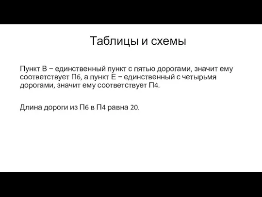 Таблицы и схемы Пункт В − единственный пункт с пятью дорогами, значит