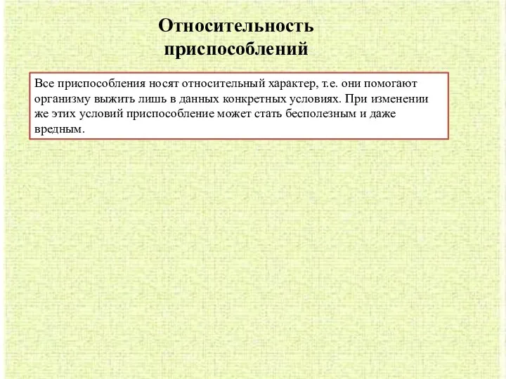 Относительность приспособлений Все приспособления носят относительный характер, т.е. они помогают организму выжить