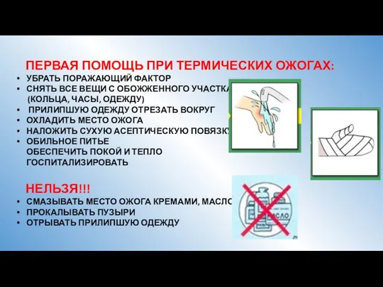 ПЕРВАЯ ПОМОЩЬ ПРИ ТЕРМИЧЕСКИХ ОЖОГАХ: УБРАТЬ ПОРАЖАЮЩИЙ ФАКТОР СНЯТЬ ВСЕ ВЕЩИ С