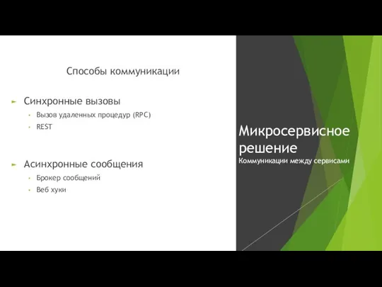 Способы коммуникации Синхронные вызовы Вызов удаленных процедур (RPC) REST Асинхронные сообщения Брокер