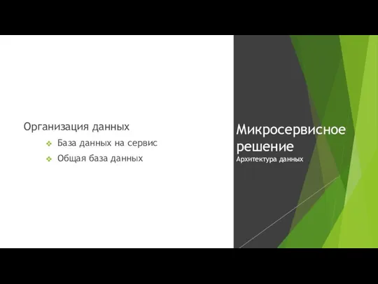 Организация данных База данных на сервис Общая база данных Микросервисное решение Архитектура данных