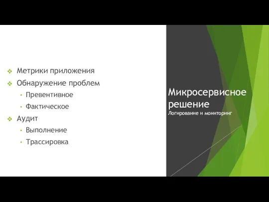 Метрики приложения Обнаружение проблем Превентивное Фактическое Аудит Выполнение Трассировка Микросервисное решение Логирование и мониторинг