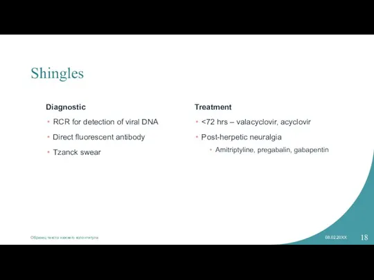 Shingles Diagnostic RCR for detection of viral DNA Direct fluorescent antibody Tzanck
