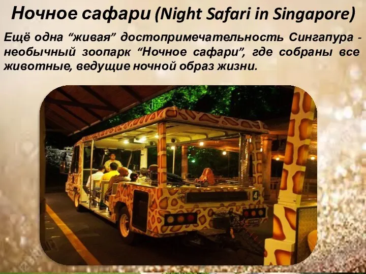 Ночное сафари (Night Safari in Singapore) Ещё одна “живая” достопримечательность Сингапура -