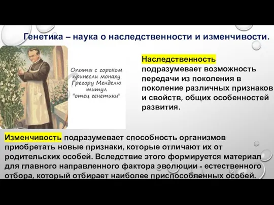 Генетика – наука о наследственности и изменчивости. Наследственность подразумевает возможность передачи из