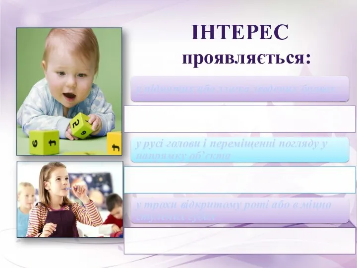 ІНТЕРЕС проявляється: у піднятих або злегка зведених бровах у русі голови і