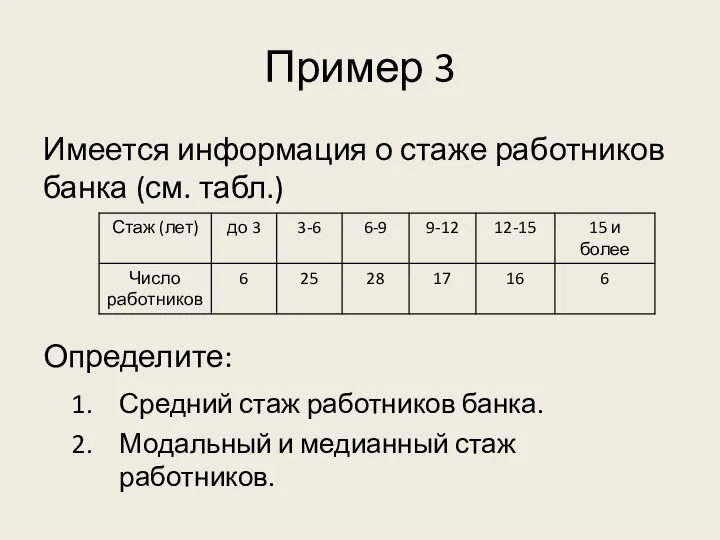 Пример 3 Имеется информация о стаже работников банка (см. табл.) Определите: Средний