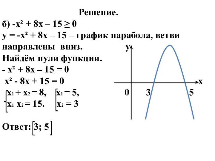 Решение. б) -х² + 8х – 15 ≥ 0 у = -х²