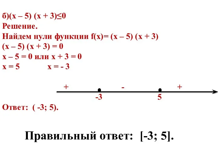 б)(х – 5) (х + 3)≤0 Решение. Найдем нули функции f(х)= (х