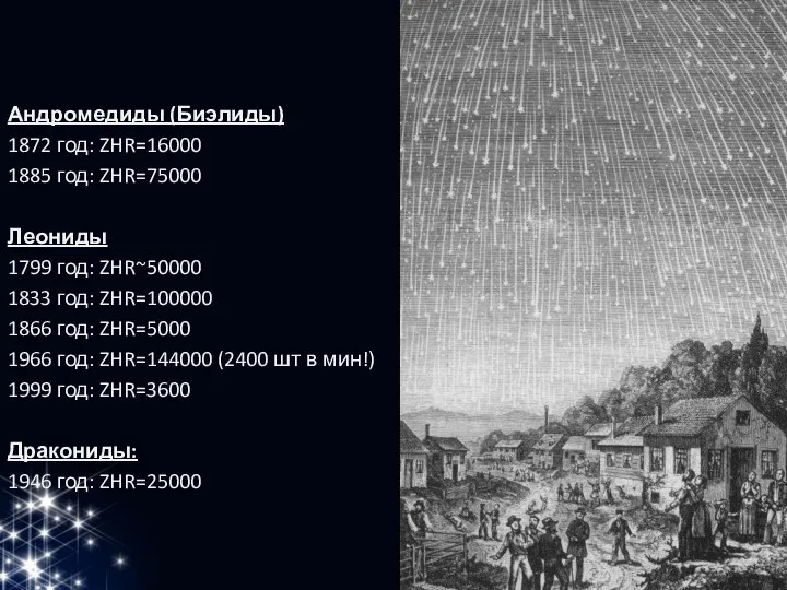 Андромедиды (Биэлиды) 1872 год: ZHR=16000 1885 год: ZHR=75000 Леониды 1799 год: ZHR~50000