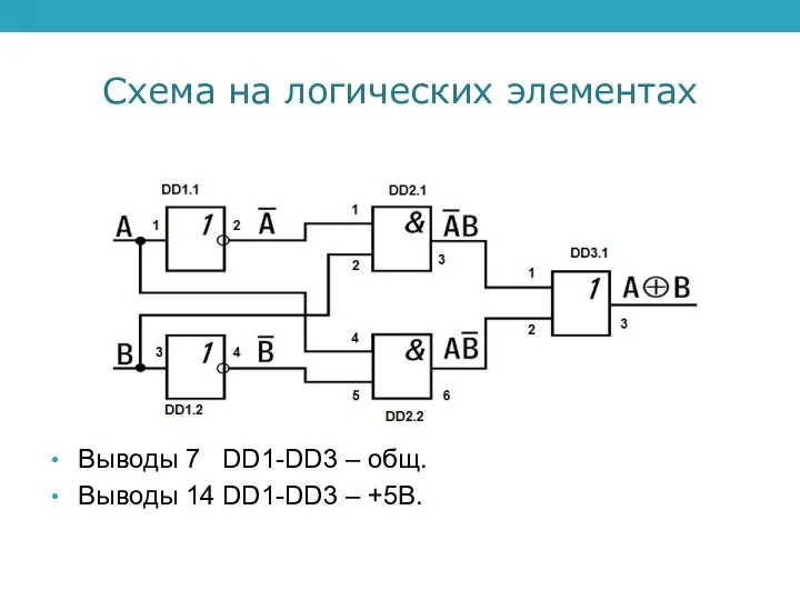 Схема на логических элементах Выводы 7 DD1-DD3 – общ. Выводы 14 DD1-DD3 – +5В.