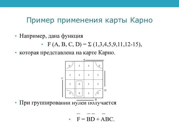 Пример применения карты Карно Например, дана функция F (A, B, C, D)