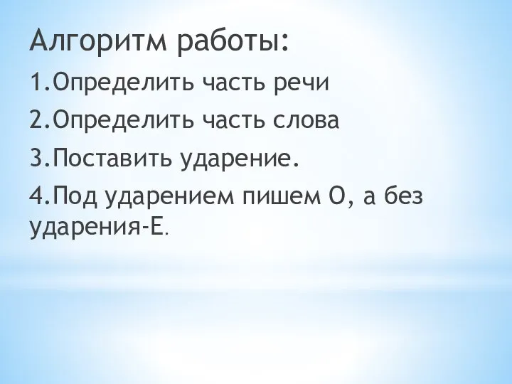 Алгоритм работы: 1.Определить часть речи 2.Определить часть слова 3.Поставить ударение. 4.Под ударением