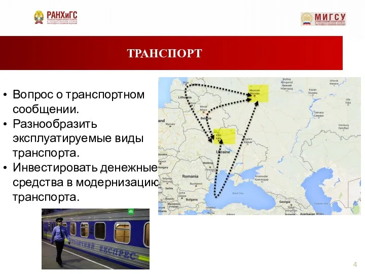 ТРАНСПОРТ Вопрос о транспортном сообщении. Разнообразить эксплуатируемые виды транспорта. Инвестировать денежные средства в модернизацию транспорта.