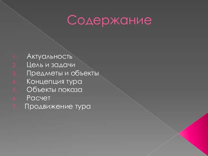 Содержание Актуальность Цель и задачи Предметы и объекты Концепция тура Объекты показа Расчет Продвижение тура