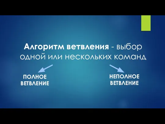 Алгоритм ветвления - выбор одной или нескольких команд ПОЛНОЕ ВЕТВЛЕНИЕ НЕПОЛНОЕ ВЕТВЛЕНИЕ