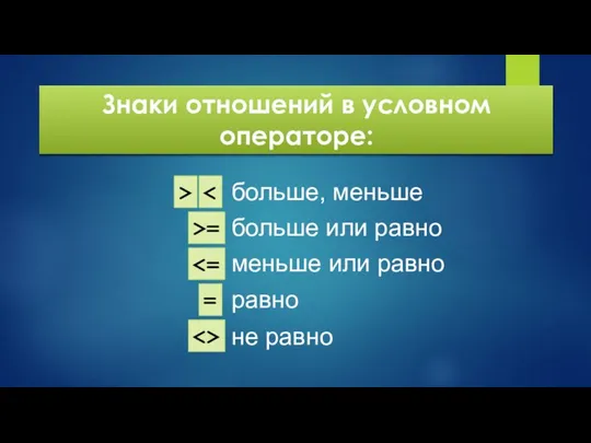 Знаки отношений в условном операторе: > >= = больше, меньше больше или