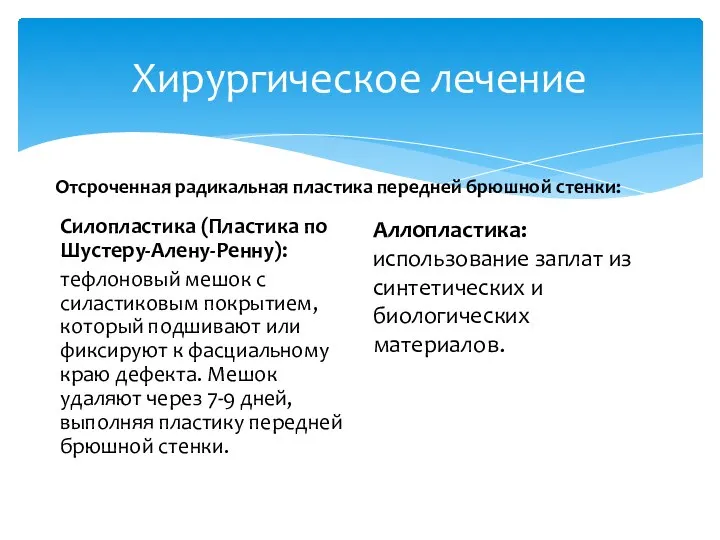 Хирургическое лечение Силопластика (Пластика по Шустеру-Алену-Ренну): тефлоновый мешок с силастиковым покрытием, который