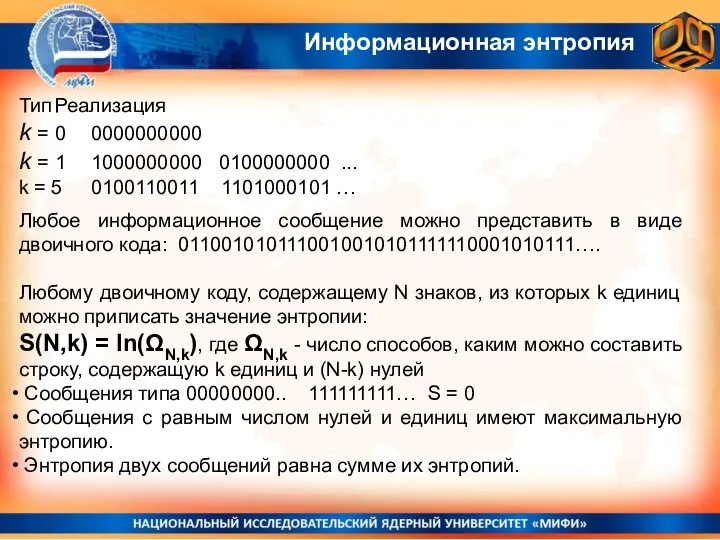 Информационная энтропия Тип Реализация k = 0 0000000000 k = 1 1000000000