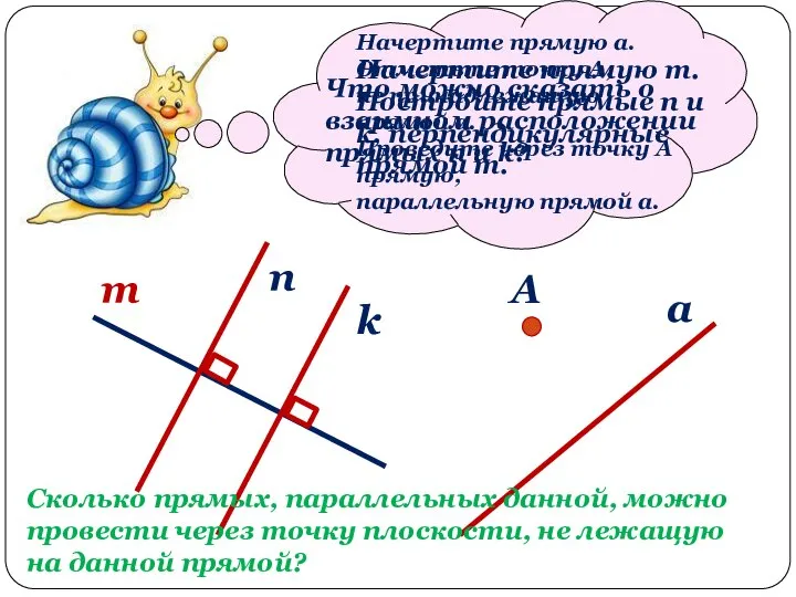 Начертите прямую m. Постройте прямые n и k, перпендикулярные прямой m. m