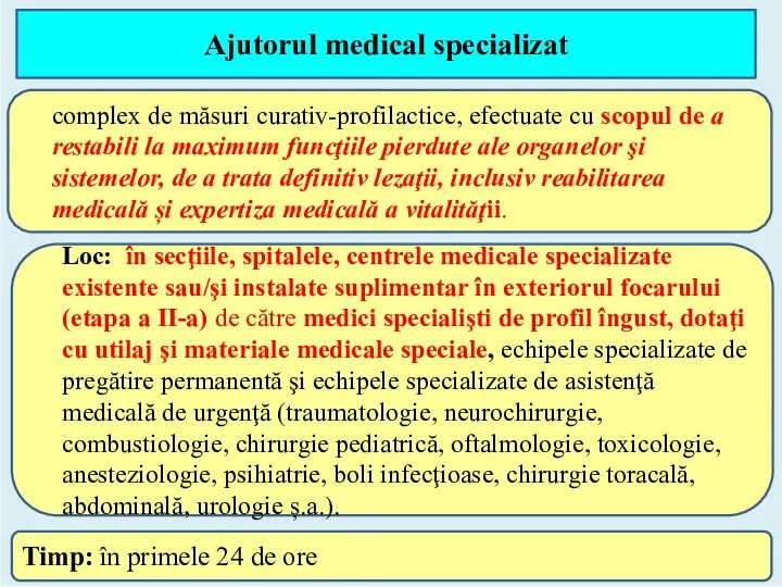 Ajutorul medical specializat Loc: în secţiile, spitalele, centrele medicale specializate existente sau/şi