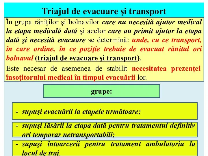 Triajul de evacuare şi transport În grupa răniţilor şi bolnavilor care nu