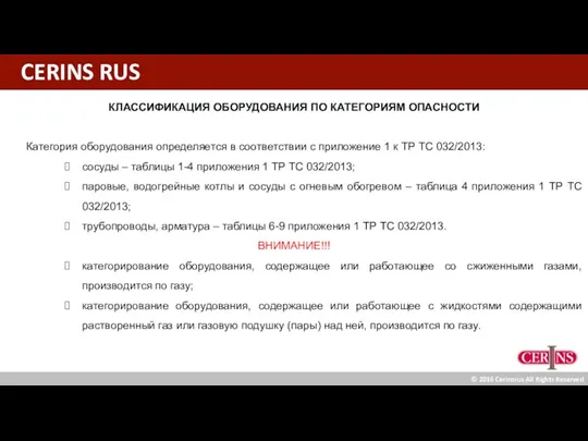 CERINS RUS КЛАССИФИКАЦИЯ ОБОРУДОВАНИЯ ПО КАТЕГОРИЯМ ОПАСНОСТИ Категория оборудования определяется в соответствии