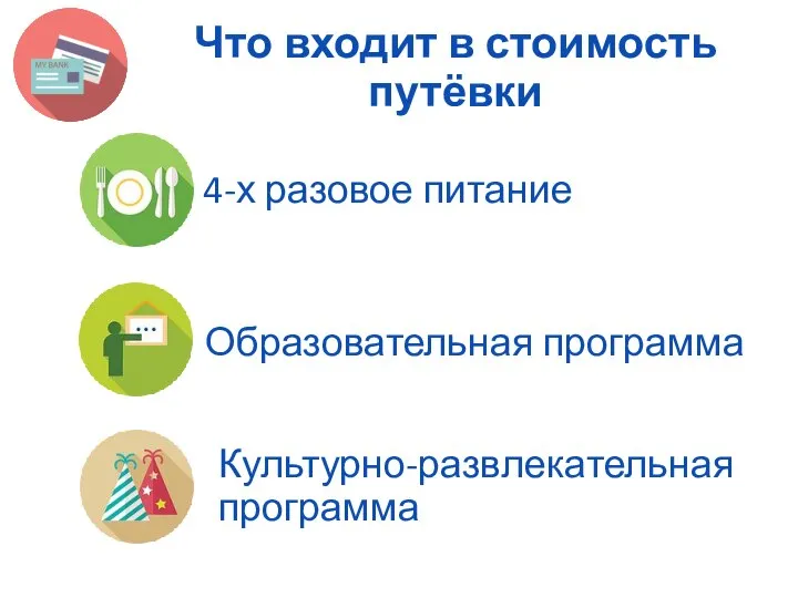 Что входит в стоимость путёвки 4-х разовое питание Образовательная программа Культурно-развлекательная программа