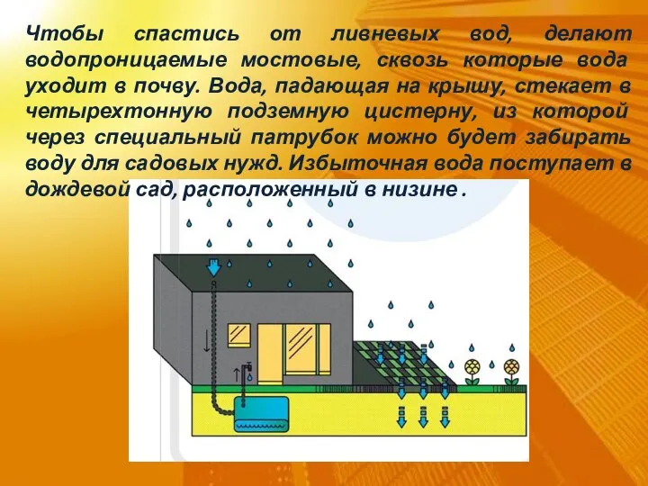 Чтобы спастись от ливневых вод, делают водопроницаемые мостовые, сквозь которые вода уходит