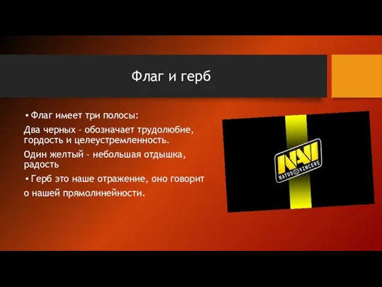 Флаг и герб Флаг имеет три полосы: Два черных – обозначает трудолюбие,