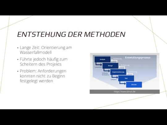 ENTSTEHUNG DER METHODEN Lange Zeit: Orientierung am Wasserfallmodell Führte jedoch häufig zum