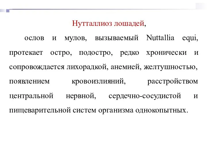 Нутталлиоз лошадей, ослов и мулов, вызываемый Nuttallia equi, протекает остро, подостро, редко