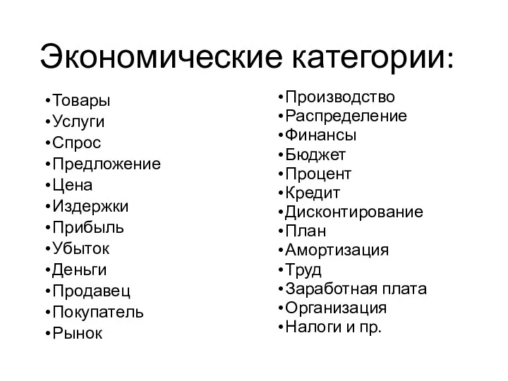 Экономические категории: Товары Услуги Спрос Предложение Цена Издержки Прибыль Убыток Деньги Продавец