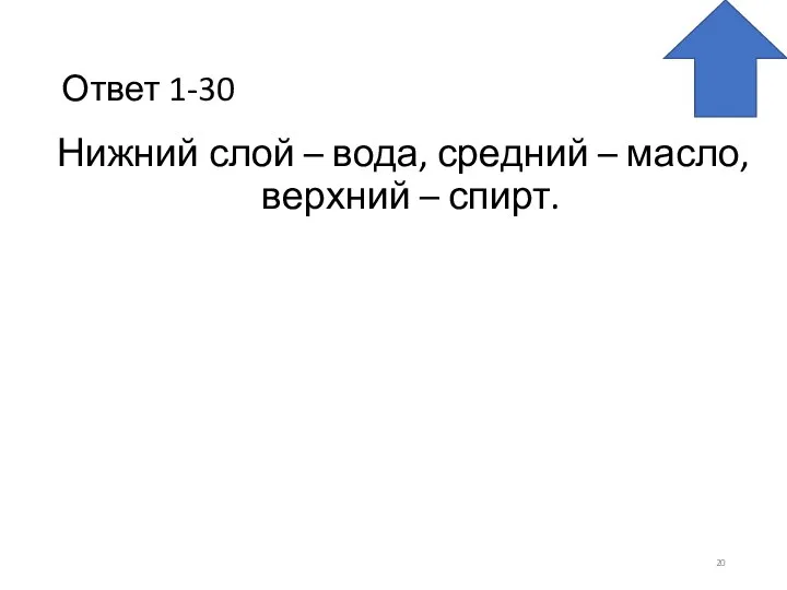 Ответ 1-30 Нижний слой – вода, средний – масло, верхний – спирт.