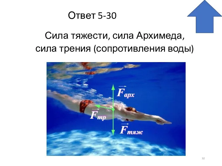 Ответ 5-30 Сила тяжести, сила Архимеда, сила трения (сопротивления воды)