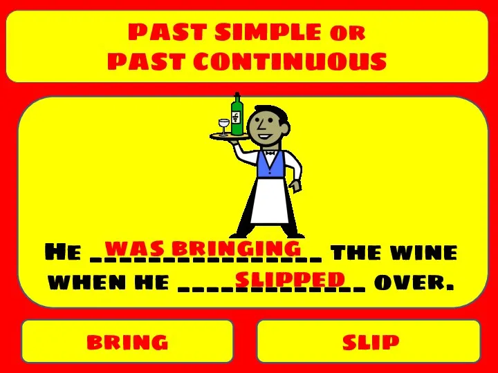PAST SIMPLE or PAST CONTINUOUS bring slip He ________________ the wine when