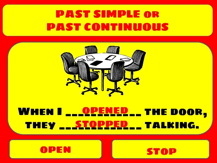 PAST SIMPLE or PAST CONTINUOUS open stop When I ____________ the door,