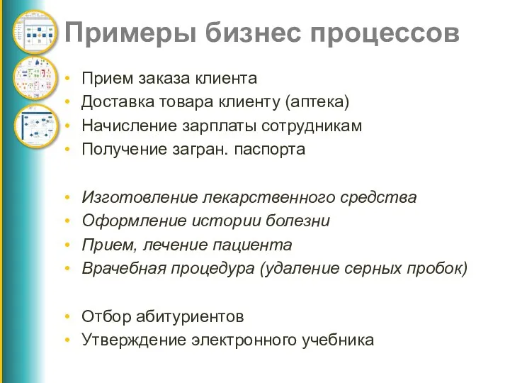 Примеры бизнес процессов Прием заказа клиента Доставка товара клиенту (аптека) Начисление зарплаты