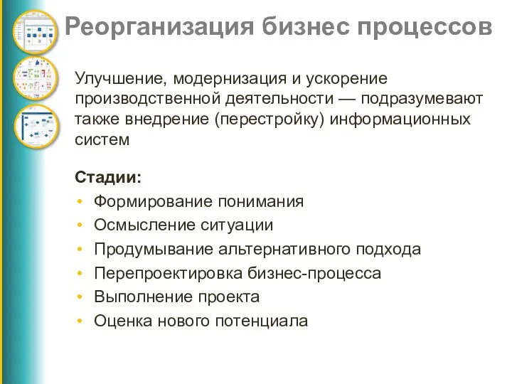 Реорганизация бизнес процессов Улучшение, модернизация и ускорение производственной деятельности — подразумевают также