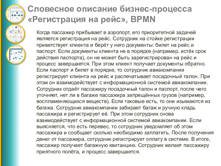 Словесное описание бизнес-процесса «Регистрация на рейс», BPMN Когда пассажир прибывает в аэропорт,