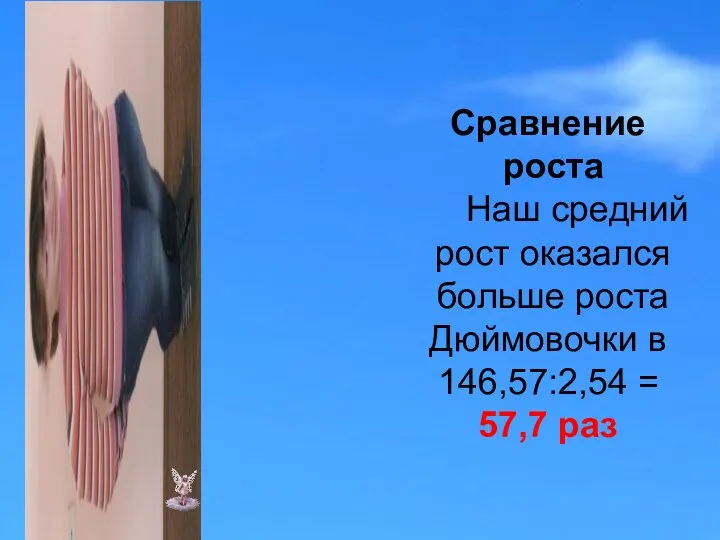 Сравнение роста Наш средний рост оказался больше роста Дюймовочки в 146,57:2,54 = 57,7 раз