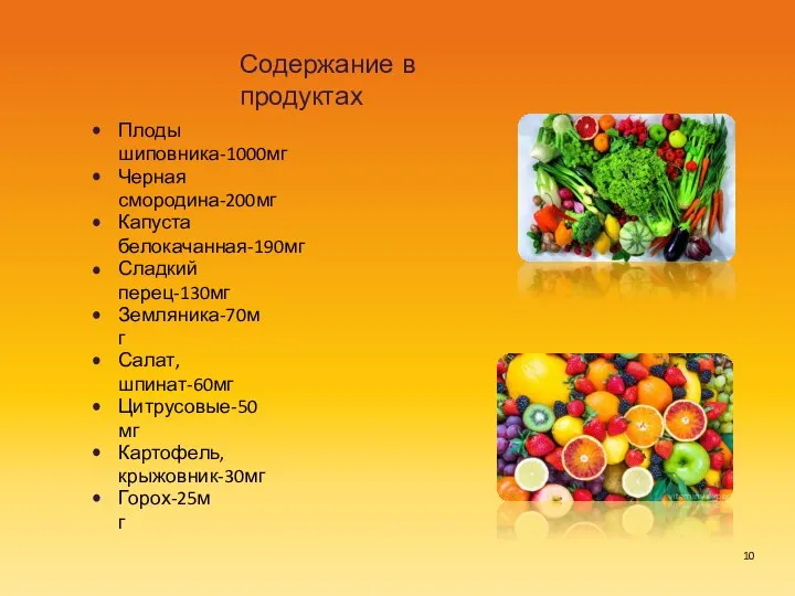 Содержание в продуктах Плоды шиповника-1000мг Черная смородина-200мг Капуста белокачанная-190мг Сладкий перец-130мг Земляника-70мг