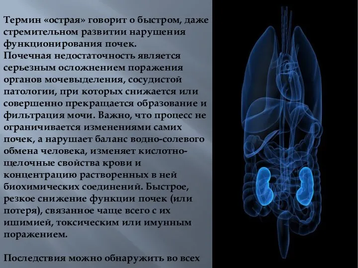 Термин «острая» говорит о быстром, даже стремительном развитии нарушения функционирования почек. Почечная