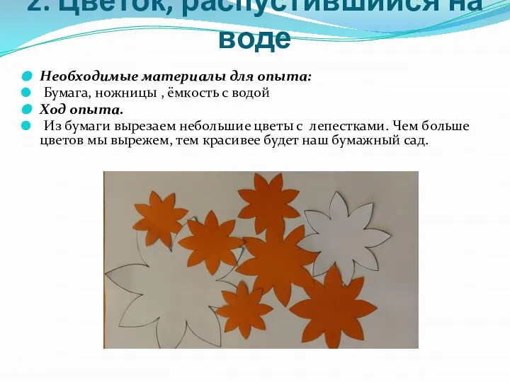 2. Цветок, распустившийся на воде Необходимые материалы для опыта: Бумага, ножницы ,